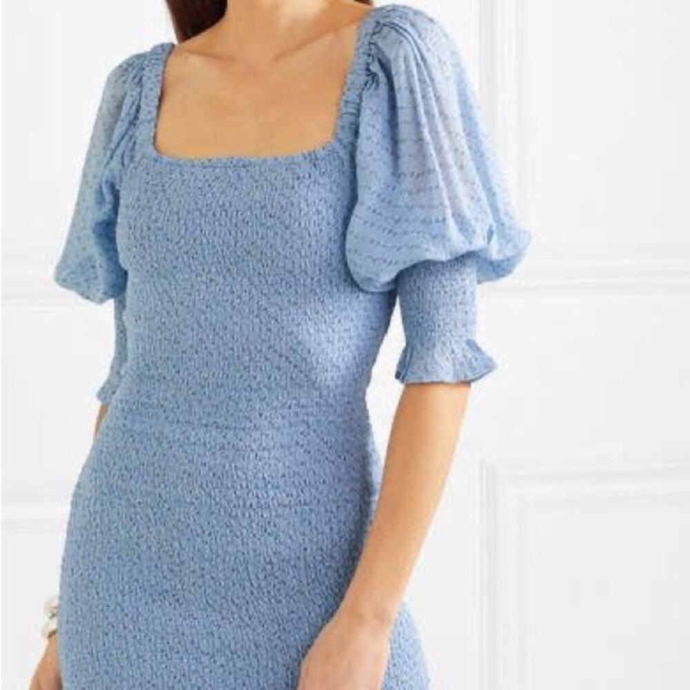 GANNI Shired Blue Floral Print Puff Sleeve Crepe Mini Dress Size Small